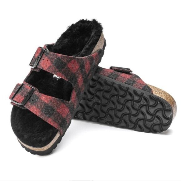Birkenstock Arizona Shearling Wool Plaid Red Narrow Fit Men’s 40/US 7 & 41/US 8 - Picture 1 of 15